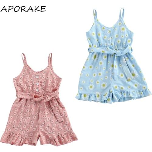 2021 0-6Y Summer Sweet Infant Baby Girl Romper Daisy Printing V Neck Button Tunic Jumpsuit With Belt Holiday Outfit Playsuit