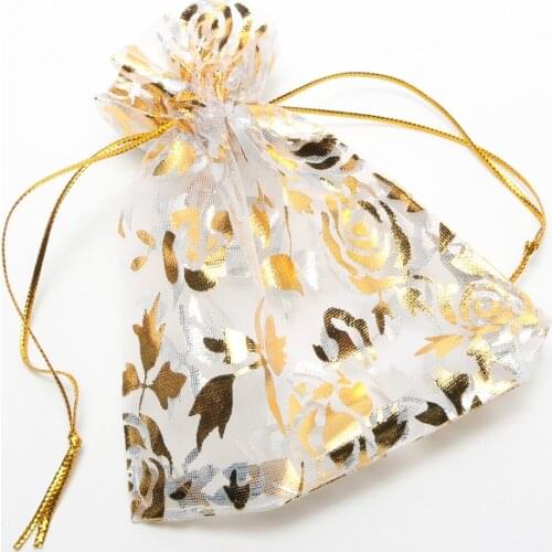 25pcs Colorful Gold Rose Transparent Packing Drawstring Pouch Sachet Gift Organza Bag For Jewelry Wedding Party Beads Wholesale