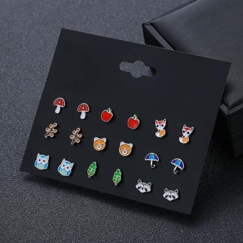 9 Pairs/set Womens Cute Animal Bear Stud Earrings For Girls Jewelry Ladies Leaf Enamel Small Earring Set Mix Brincos Wholesale