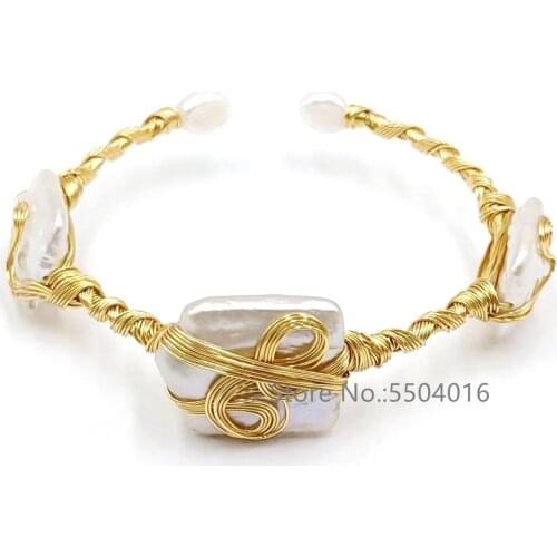 Big Square Natural Fresh Water Pearl Bracelets Women Baroque Pearl Cuff Opening Bracelet Bohemian Beach Jewelry Mujer Pulseras