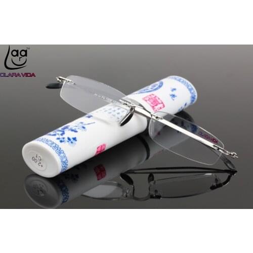 = Clara Vida = Rimless Ultra-Light HD Men Women Reading Glasses With Chinese Style Porcelain Case +1.0 +1.5 +2.0 +2.5 +3 +3.5 +4