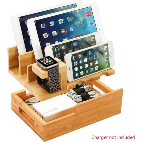 Cell Phone Tablet Holder Bamboo Wood Charging Station Cable Storage Box Dock Stand For Apple Watch iPad mini iPhone 11 Pro 8 Xs