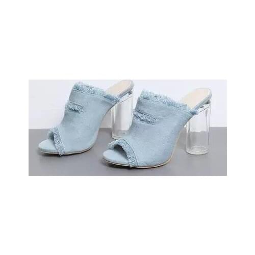 Factory Real Photo Brand Women Shoes Sweet Transparent Thick High heel Denim Slip-on Sandals Graceful Light Blue Jeans Slippers