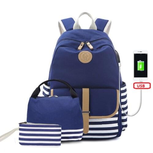 SchoolBag Sets Canvas Bookbag 15.6" Laptop Backpacks with USB Charger Port Travel Daypack And Lunch Bag