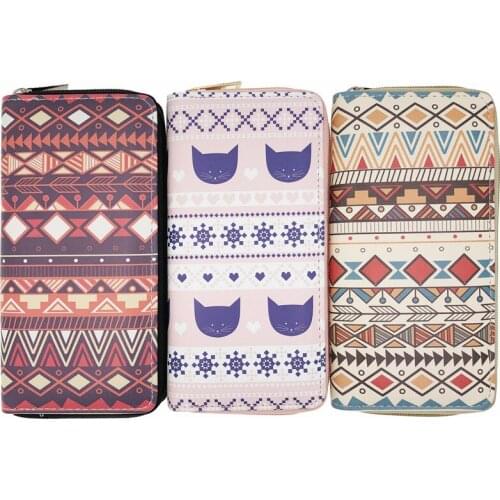 KANDRA Vintage Geometric Pattern PU Leather Long Wallets Women Ethnic Style Zip Purses Casual Lady Cash Purse Card Holder Gift