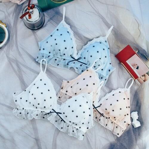 Kawaii Underwear Women Pink Blue Sweet Lolita Sexy Wire Free Dot Thin Bra and Panty Set for Small Breast Lace Sleepwear Bralette