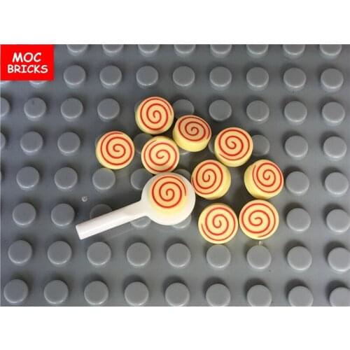 100pcs/lot MOC Bricks Tile,light yellow Round 1 x 1 with Spiral Red Pattern fit with 98138pb013 Building Blocks DIY Toys gift