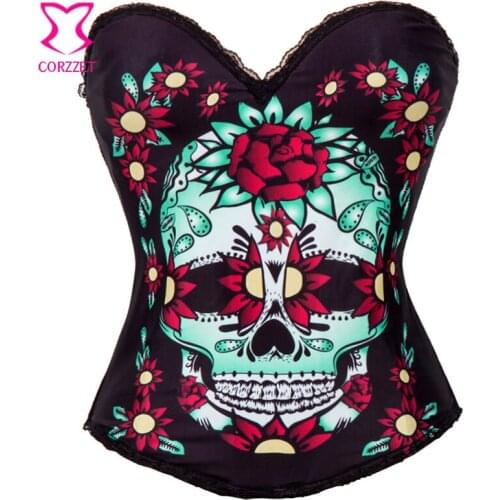 Skull&Floral Print Burlesque Corset Sexy Lingerie Corsage Women Punk Rave Gothic Clothing Corsets And Bustiers Korset Steampunk