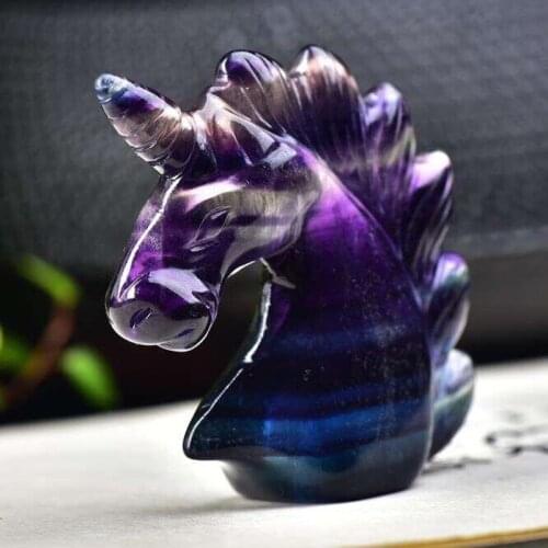 Beautiful Natural Crystal Stone Fluorite Crystal Hand Made Carved Unicorn Colorful Crystal Fashion Carved Animal Figurine Gifts