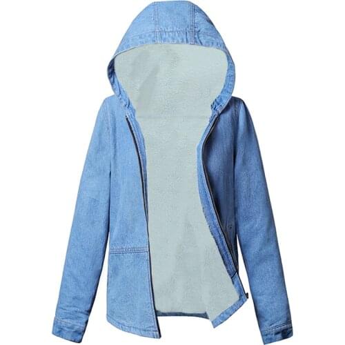 Spring Autumn Winter Womens jacket Warm Fur Lining Denim Jacket Girls Hooded Outerwear Female Basic Jeans Coats Casaco Feminino