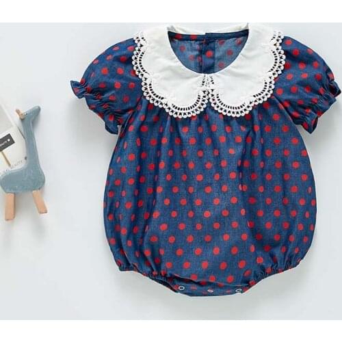 Summer Baby Girls Clothes Denim Baby Bodysuit Korean Dot Lapel Short Sleeve Triangle Jumpsuit Infant Baby One-piece Clothing