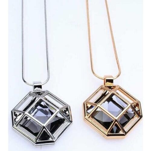 Fashionable new style womens simple square hollow sweater chain Glass Pendant Necklace clothing accessories pendant