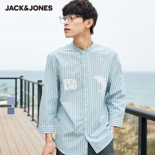 JackJones Mens 100% Cotton Stripe Multiple Colors Stand-up Collar 3/4 Sleeves Shirt| 221231018