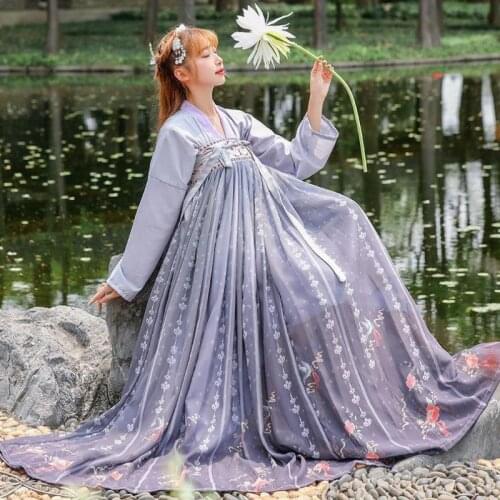 Chest Embroidered Ancient Improved Hanfu Dress Modern Chinese Fashion Clothing For Womens Street Grey Female Student 2021 Party