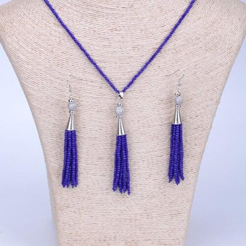 New Fashion Glass Bead Long Necklace Set Tassel Seed Bead Dangle Drop Earrings For Woman Bridemaid Ethnic Jewelry Sets SET006