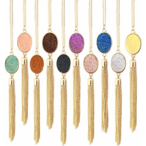 2018 New Arrival Oval Resin Druzy Summer Pink Long Link Chain Quart Oval Long Tassel Necklaces Pendants