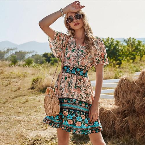 Summer Dresses For Women Casual V-neck Patchwork Short sleeve Bohemian Print Floral Ruffled Dress Summer Clothes 2021 Vacation