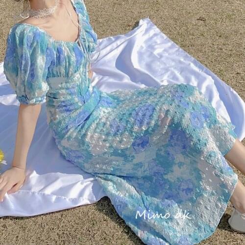 French retro heavy industry oil painting print dress holiday beach dress long skirt square collar strap waist slim summer