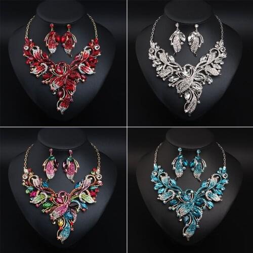 Luxury Crystal Flower Necklace Earrings Set Bridal Wedding Party Jewelry Set Statement Choker Bibs Chain Collar Fashion Women