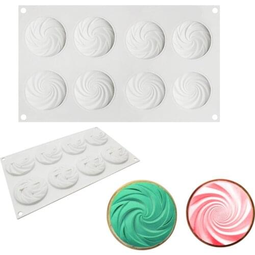 Silicone Mould for Cake Jelly Pudding Candy Chocolate, Plastic Round Crispy Tool, 8 Holes Spiral Flower Two in One