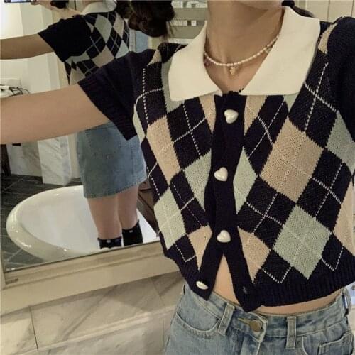 Y2k Vintage Argyle Knitted Sweater Cardigan Women 2021 Summer Fashion Korean Slim Short Sleeve Crop Top Preppy Style Streetwear