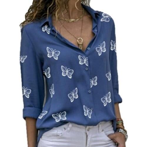 2020 New Fashion Butterfly Print Women Blouses Long Sleeve Turn-down Collar Blouse Shirt Casual Tops Elegant Work Shirt