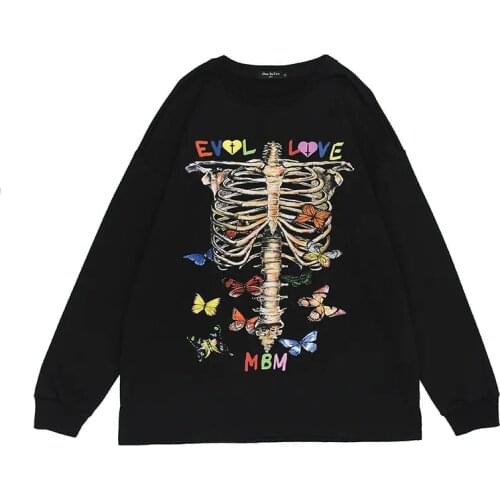 High Street Hip Hop Oversize Reflective Bones Skull Dark Black Retro Mens Womens Sweater Autumn clothes hoodie sweatshirt top