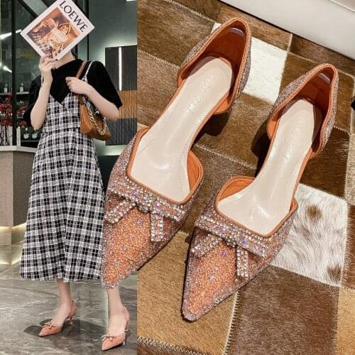 2020 summer new wild fashion rhinestone bow single shoes medium high heels female fine heel pointed shoes X229