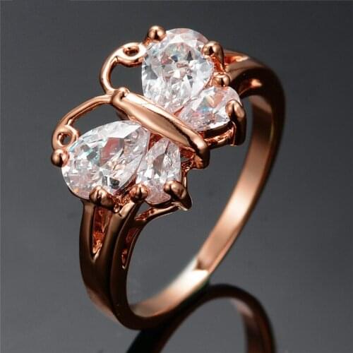 CHAMSS Rose Gold Butterfly Gem Ring Elegant Temperament Female Romantic Birthday Gift