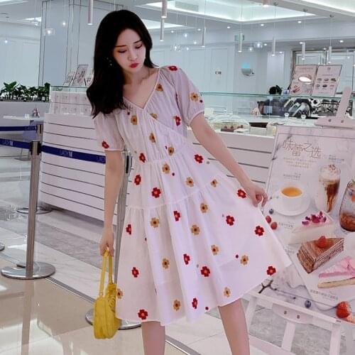 1070# 2021 Summer New Floral Embroidery Cotton Maternity Dress V Neck Slim Waist Clothes for Pregnant Women Cute Pregnancy Dress