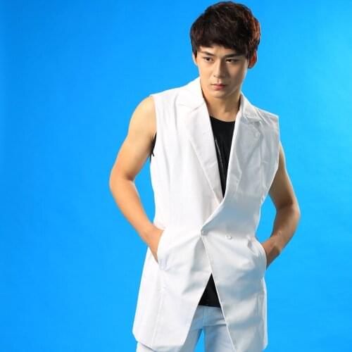 2015 New style Original design Mens Fashion Slim White Vest Set singer stage performance sets