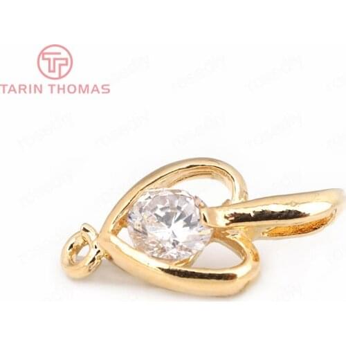 6PCS 18x8.5MM 24K Champagne Gold Color Plated Brass with Zircon Hearts Charms Pendants High Quality Diy Jewelry Accessories