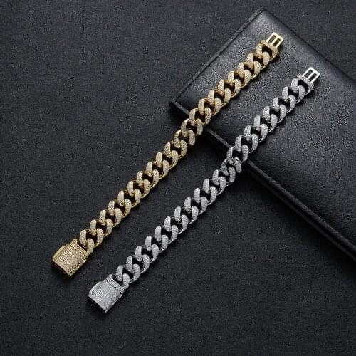 15mm 7inch 8inch Brass Iced Out Bling Chain Bracelet for men Jewelry Brass CZ Cuban Bracelet hip hop BB029