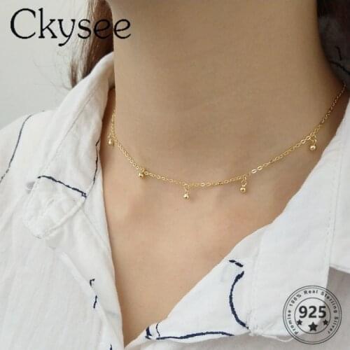 Ckysee S925 Sterling Silver Necklace Golden Mini Beads Chain Choker Necklace For Fashion Women Simple Fine Charms Silver 925