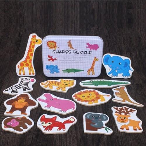 Children Cognition Wooden Puzzle Cartoon Animals Puzzle Box Fruits Transportation Education Early Learning Toys for Kids Baby