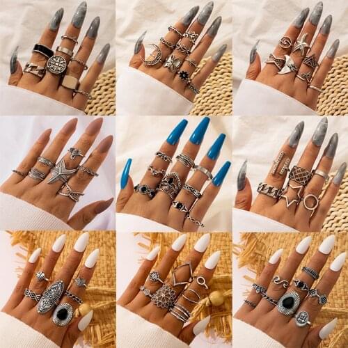 Docona Vintage Crystal Flower Knuckle Ring Set for Women Boho Geometric Gold Silver Color Star Opal Finger Ring Female Jewelry