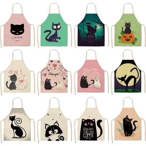 Cartoon Cat Printed Kitchen Apron Cotton Linen Sleeveless Man Women Chef Cooking Aprons Kitchen Accessories 68*55cm Delantales