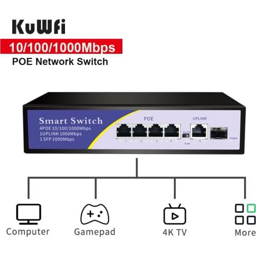 KuWFi 48V Network POE Switch 1000Mbps 6Ports Ethernet IEEE 802.3af/at Switch Suitable for IP camera/Wireless AP/CCTV