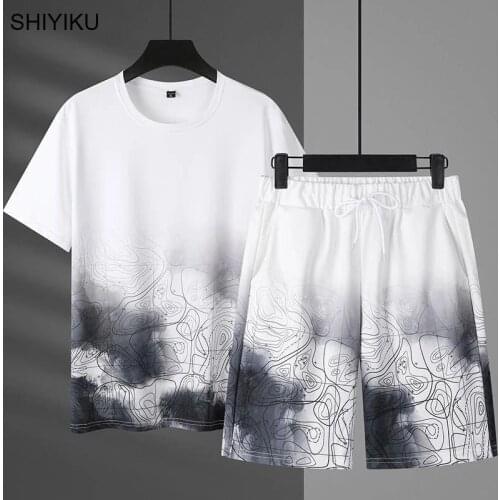 SHIYIKU Mens Sportswear Gradient Print Short Sleeve Shorts Brand Set Clothes Male Casual Breathable T-Shirt Sets Tracksuit Men