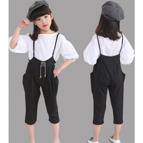 2019 Autumn girls clothing sets kids clothes puff sleeve blouse+overalls 2-piece suit girls clothes children clothing set 4-14Y