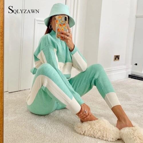 Autumn Tracksuit Warm Women Sexy Color Block Two Piece Set Fashion Long Sleeve Turtleneck Crop Top + Ankle Trousers Outfits 2PCS