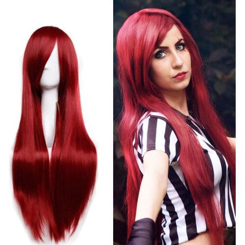 SNOILITE 80cm Lady Long Straight Wine Red Party Cosplay Wig Synthetic Heat Resistant Hair Wigs With Bangs Pink Black