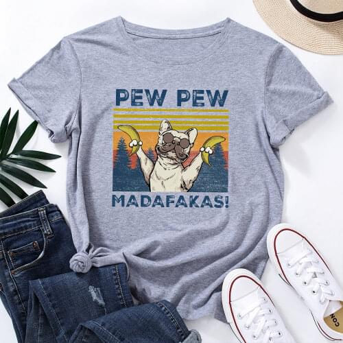 Pew Pew Funny Dog Animal Graphic Tee Top Summer Women Short Sleeve Crewneck Cotton T-Shirts Tops Female Oversized Shirt Clothes