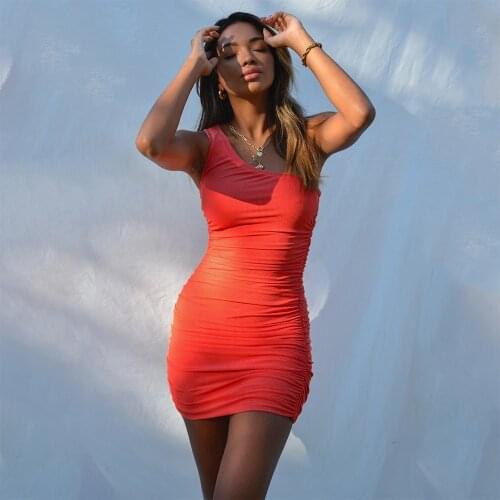 Summer Spring Cotton Blended Women Bodycon Mini Dress Solid Color One Shoulder Strap Pleated Casual Sexy Dresses Women