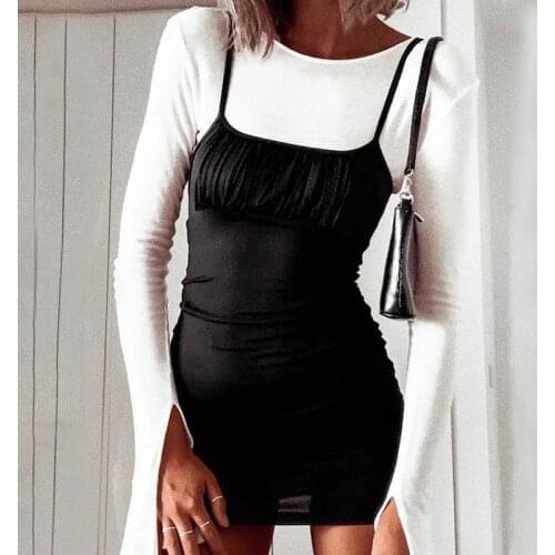 2020 new pleated street solid color strap slim body bag hip dress