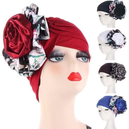 Big Silk Flower Decorated Women Inner Hijab Elastic Muslim Turban Headband Indian Jersey Hijabs Party Chemo Hat Hair Accessories