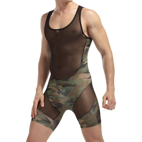 See Through Mens Underwear Cool Man Undershirt Lingerie Mesh Nightgown Jumpsuit Male Bodysuit High Elastic Teddy Men Bodysuit