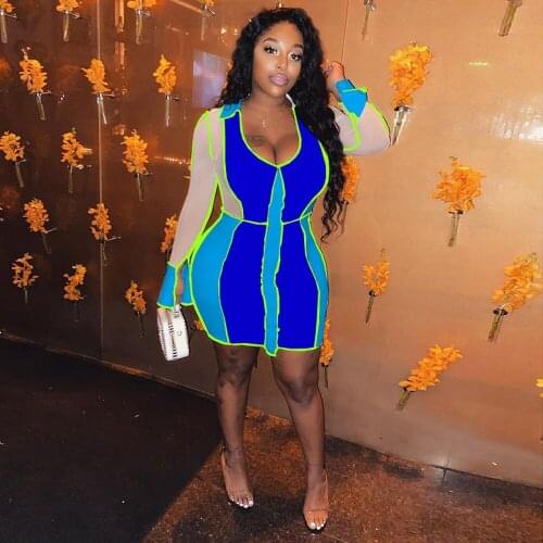 Mesh Sheer Color Blocking Spliced Skinny Mini Dress Women Hipster Split Long Sleeve Party Dress Sexy See Through Bandage Dress