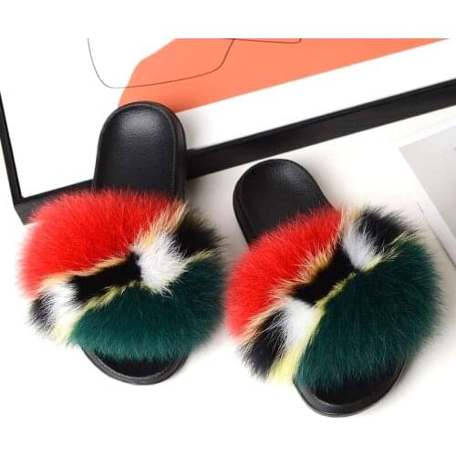 New Design Mixed-color Fox Fur Slides Shoes Womens Fashion Striped Furry Slippers Dropshopping Home Female Fluffy Fox Hair Flat