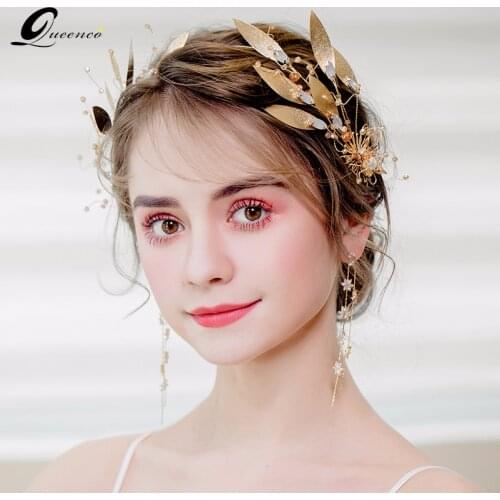 Baroque Bride Leaf Crown Crystal Wedding Tiara Women Hair Accessories With Earrings Hairbands Hair Ornaments Crowns Headbands